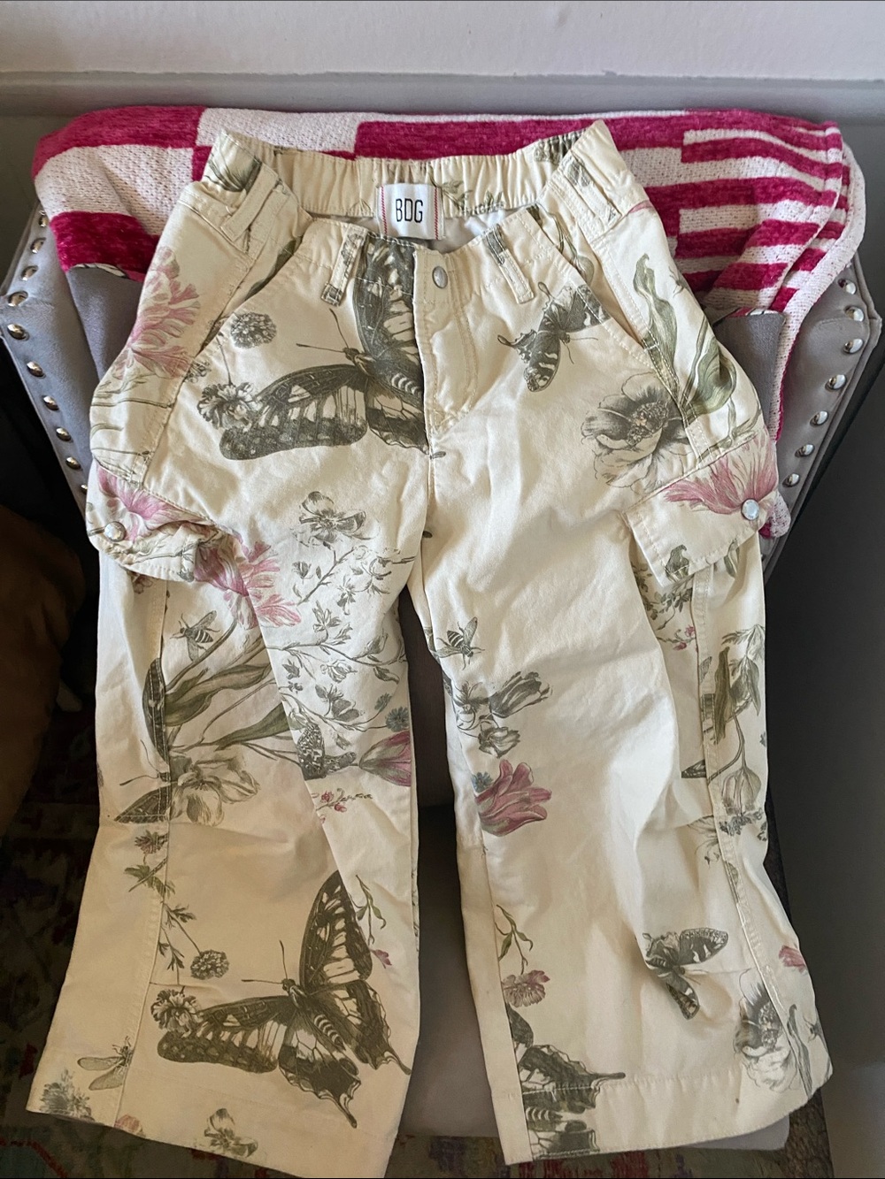 BDG women’s Cream Cargo Pants with Green & Pink Botanical Print